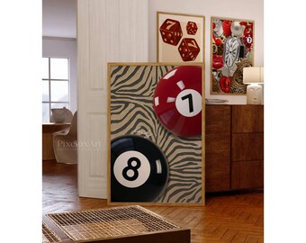 Retro 7 & 8 Ball Print: Y2K Zebra Background (Digital Download, image 1