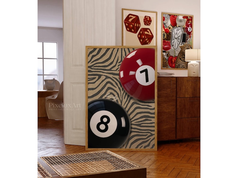 Retro 7 & 8 Ball Print: Y2K Zebra Background (Digital Download