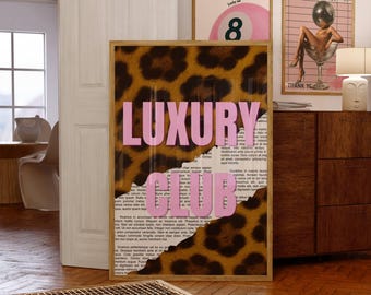 Luxury Club Leopard Print, Pink Girly Wall Art, Preppy Dorm Decor, Trendy Aesthetic Print, Retro Collage Y2K Apartment Decor, Funky Wall Art, image 1