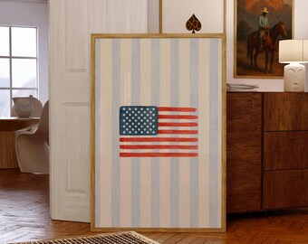 Vintage American Flag Print, 4th of July, Memorial Day, Labor Day Decor, Patriotic USA Wall Art, Coastal Flag Poster, United States Flag, image 1