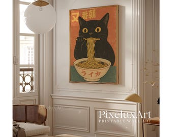 Vintage Cat Eating Ramen Poster, Noodle Illustration Art, Ramen Lover Gift, Quirky Cat Kitchen Decor, Japanese Decor, Gift for Noodle Lover, image 6