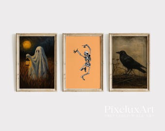 Halloween Wall Art Set of 6 – Vintage Spooky Ghost, Skeleton, Witch, Raven, Haunted Tickets & Bat Prints | Rustic Gothic Fall Decor, image 2
