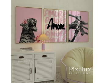 Pink Leopard Poster Set, Stockholm Fashion Wall Art Trio, Chic Pink Aesthetic Decor, Trendy Girl Room Printable Art, Modern Gallery Wall Set, image 3