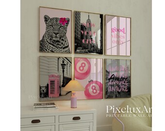 Pink Black Gallery Wall Set, Collage Apartment Print, Pink Gray Y2k Fashion Print, Preppy Stylish & Cool Girl Aesthetic Art for Dorm Room, image 3