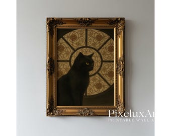 Black Cat Halloween Wall Art – Gothic Spooky Cat Print, Vintage Witchy Decor, Mystical Dark Academia Home Decoration, image 1