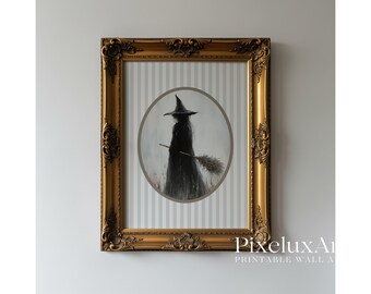Vintage Witch Wall Art – Spooky Halloween Printable with Witch Hat & Broom, Gothic Dark Academia Rustic Fall Decor Print, image 1
