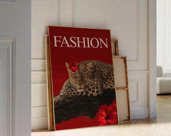Red Leopard Fashion Poster, Vintage Cheetah Wall Art, Retro Y2K Aesthetic, Luxury Glam Wall Art, Chic Leopard Print, Bold Fashion Decor, image 5