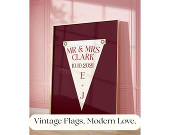 Custom Wedding Pennant Flag | Vintage Custom Pennant Flag, Personalized Couple Gift, Printable Anniversary Decor, Retro Engagement Wall Art, image 5