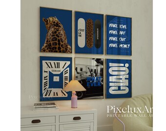 Navy Blue Set of 6 Trendy Gallery Wall Art, Aesthetic Chic Apartment Decor, Trendy Leopard, Fashion Collage Print, Stylish Y2K Wall Art, image 1