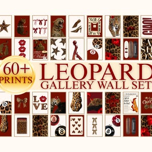 May include: A collection of over 60 wall art prints featuring leopard patterns, red accents, and various motifs including stars, bows, cherries, billiard balls, high heels, and text like Ciao and Fashion, arranged in a grid layout for a gallery wall.
