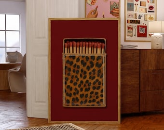 Retro Leopard Matchbox Art Print, Retro Wall Decor, Vintage Bar Cart Art, Funky Girly Print, Trendy Dorm Room Aesthetic Poster, Red Poster, image 1