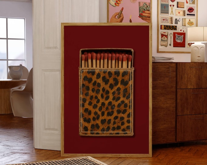Retro Leopard Matchbox Art Print, Retro Wall Decor, Vintage…