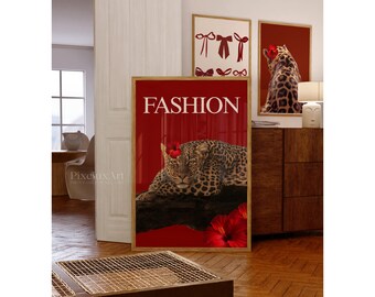 Red Leopard Fashion Poster, Vintage Cheetah Wall Art, Retro Y2K Aesthetic, Luxury Glam Wall Art, Chic Leopard Print, Bold Fashion Decor, image 1