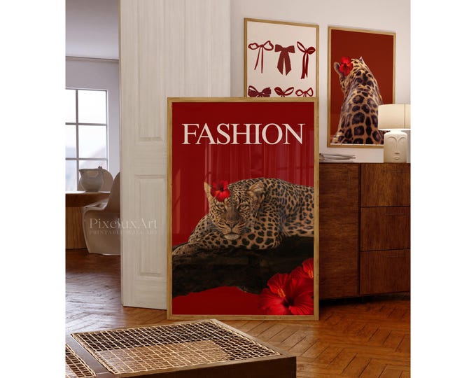 Red Leopard Fashion Poster, Vintage Cheetah Wall Art, Retro…