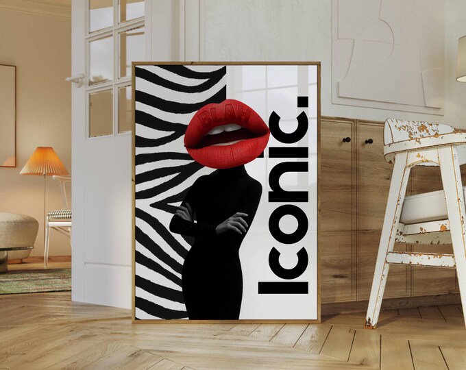 Y2K Fashion Print: Zebra, Red Lips, Pop Art (Digital…