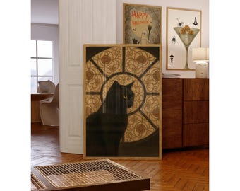Black Cat Halloween Wall Art – Gothic Spooky Cat Print, Vintage Witchy Decor, Mystical Dark Academia Home Decoration, image 5