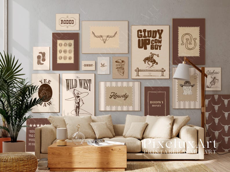 May include: A selection of framed art prints with a Western theme, featuring images of cowboys, rodeos, and the word "Howdy". The colour scheme is neutral, with brown and beige tones, creating a rustic aesthetic.