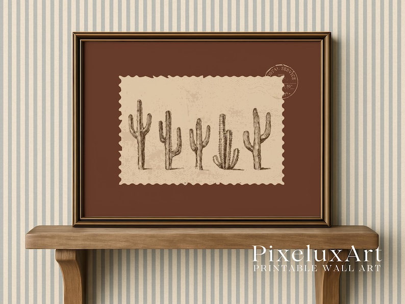 Western Cactus Wall Art Print – Vintage Desert Stamp Poster ...