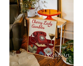 Retro Cherry Poster, Retro Red Bar Cart Wall Art, Preppy 70s Aesthetic Girly Prints, Vintage Apartment Dopamine Decor, Funky Poker Print, image 5