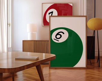 Set of 3 Pool Ball Print, 6, 7, 8 Ball Prints, Retro Game Room Print, Funky Vintage Print, Lucky Poster, Trendy Wall Art, 8 Ball Poster, image 5