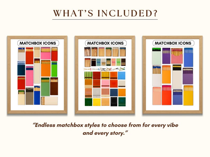 May include: Three framed prints showcasing colorful matchbox designs. Each print features a variety of matchbox styles, with text reading "MATCHBOX ICONS" at the top. The bottom text reads "Endless matchbox styles to choose from for every vibe and every story."