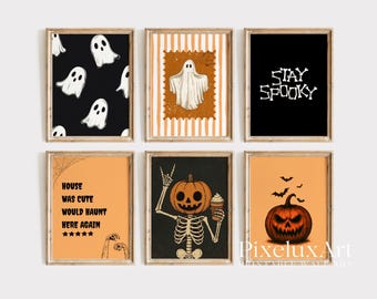 Halloween Wall Art Set of 6 – Spooky Ghosts, Pumpkin Skeleton & Haunted Quotes | Vintage Rustic Gothic Fall Printable Decor Bundle, image 1