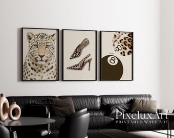 Leopard Wall Art Set, Cheetah Fashion Poster Set of 3, Animal Print Heels & 8 Ball Decor, Modern Glam Printable Gallery Wall, image 3