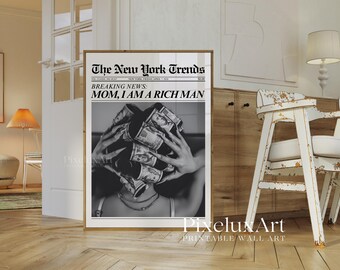 Money Hair Rollers Poster, Mom I Am A Rich Man Newspaper Print, Fashion Wall Art Print, Glam Girl Money Art, Black White Newspaper Print, image 5