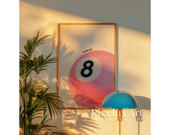 Lucky 8 Ball Print, Pool Ball Print, Vintage Game Room Decor, Luck Wall Art, Pink Billiards Print, Pool Print, Retro Art, Funky Vintage Art, image 5