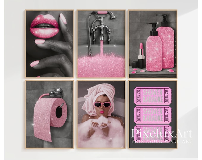 Pink Glam Bathroom Poster Set of 6 | Sparkly Lips, Bathtub…