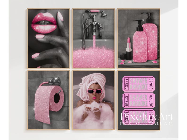 Pink Glam Bathroom Poster Set of 6