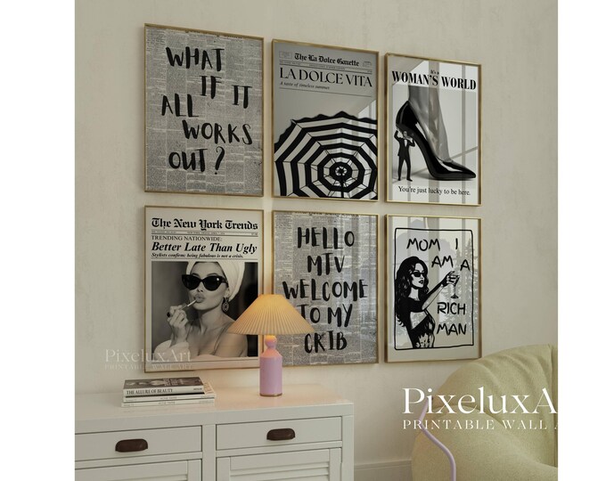 Set of 6 Trendy Wall Art – Newspaper Prints, La Dolce Vita…