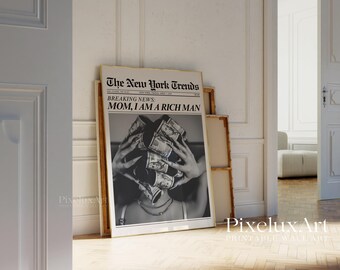 Money Hair Rollers Poster, Mom I Am A Rich Man Newspaper Print, Fashion Wall Art Print, Glam Girl Money Art, Black White Newspaper Print, image 3