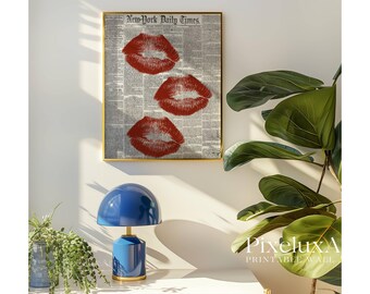 Trendy Newspaper Print, Red Kiss Lips Wall Art, Girly Bar Cart Decor, Black White Retro Poster, Preppy Aesthetic Home Decor, Dorm Room Art, image 6