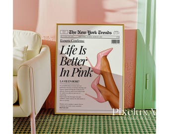 Trendy Newspaper Print, Life is Better in Pink Wall Art, Vintage Newspaper Print, Preppy Pink Aesthetic Posters, Girly Retro Wall Art, image 6