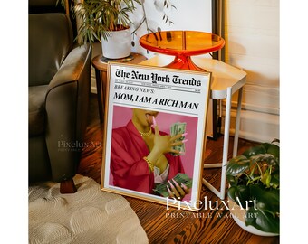 Mom I Am A Rich Man Newspaper Poster, Fashion Wall Art Print, Glam Girl Money Art, Pink Aesthetic Digital Download, Editorial Room Decor, image 5