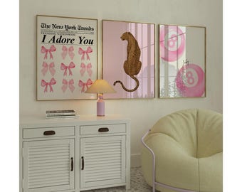 Coquette Pink Wall Art Set: Girly Leopard & Bow Prints (Digital Download)), image 1