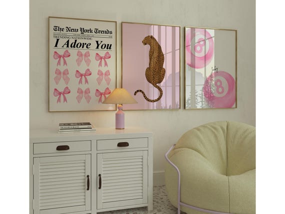 Coquette Pink Wall Art Set: Girly Leopard & Bow Prints (Digital Download))