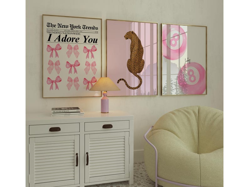 Coquette Pink Wall Art Set: Girly Leopard & Bow Prints (Digital Download))