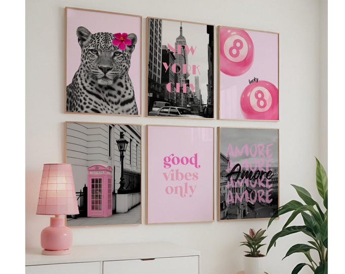 Pink Black Gallery Wall Set, Collage Apartment Print, Pink…