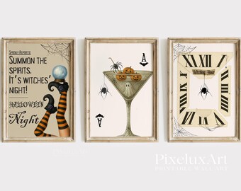 Vintage Halloween Poster Set of 6 – Ghostly Gazette, Haunted House Tickets, Spooky Cat, Witch Hour Clock, Martini Ghost Printables, image 5