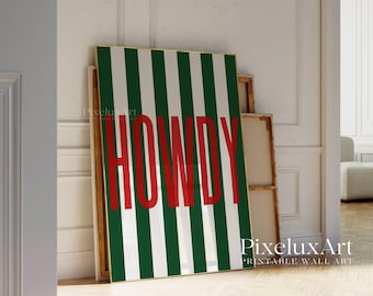 Howdy Wall Art Print, Western Typography Poster in Green & Red, Rustic Cowgirl Aesthetic, Southern Country Decor, Trend Wild West Wall Print