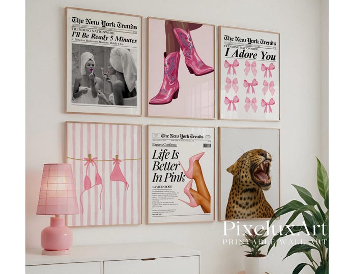 Pink Leopard Wall Art Set – 6 Trendy Posters, Y2K Fashion…