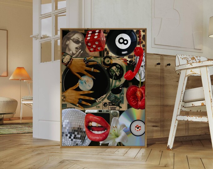 Y2K Fashion Collage Print: Leopard, Lips, Disco (Digital…