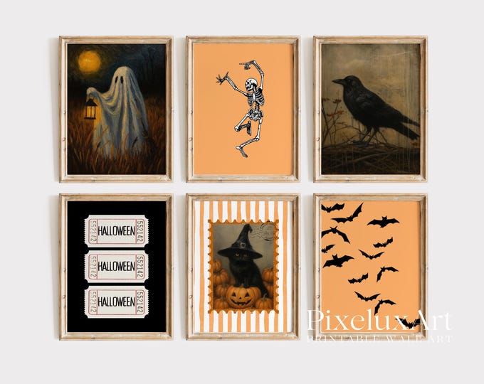 Halloween Wall Art Set of 6 – Vintage Spooky Ghost…