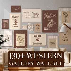 Más de 130 piezas de arte de pared occidental: láminas de vaqueros del Viejo Oeste, decoración de rodeo Yeehaw y galería rústica de rancho.