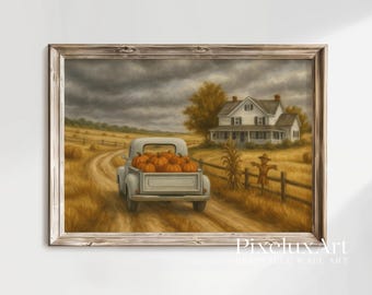Pumpkin Farmhouse Wall Art – Vintage Fall Truck with Pumpkins, Rustic Autumn Country House Print for Cozy Seasonal Home Decor, image 1