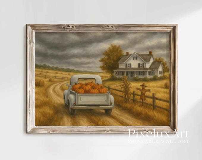 Pumpkin Farmhouse Wall Art – Vintage Fall Truck with…