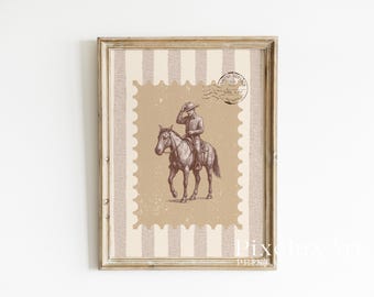 Cowboy on Horse Wall Art | Western Stamp Print | Rustic Country Decor | Vintage Farmhouse Poster | Neutral Western Wall Art, image 3