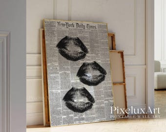 Newspaper Kiss Lips Wall Art, Trendy Black & White Girly Print, Aesthetic Bar Cart Decor, Preppy Poster, Vintage Retro Fashion Art, Dorm Art, image 3